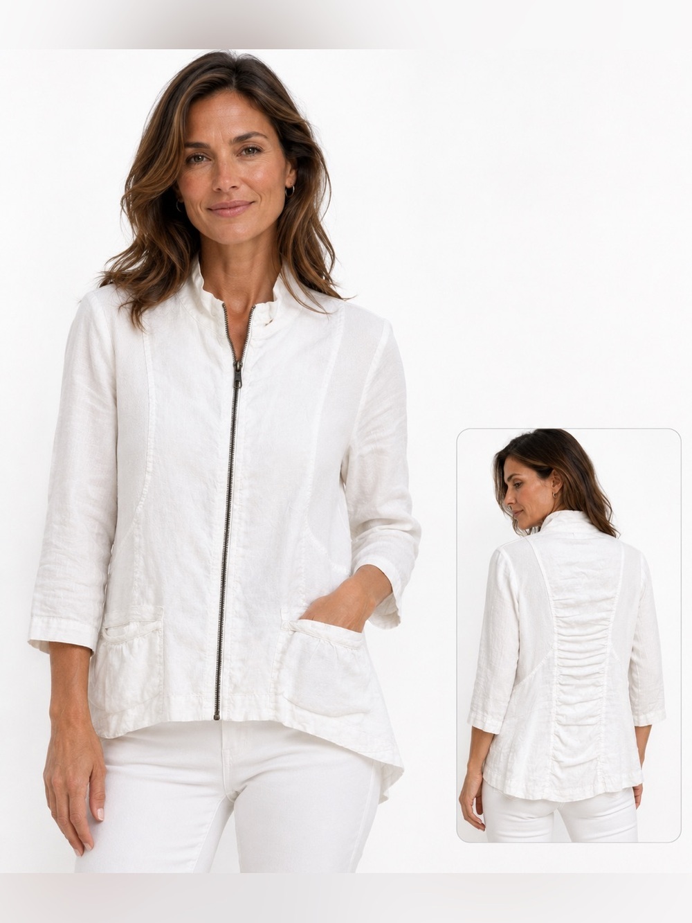 XCVI 100% Linen Zip Front Jacket Ruched Back Travel Layer White Small